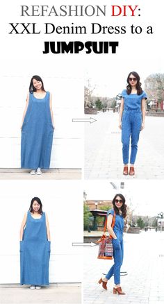 a woman in blue jumpsuits and sunglasses standing next to a white wall with the words refashion diy xxl denim dress to a jumpsuit