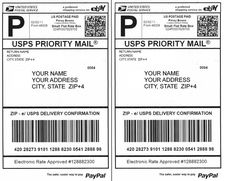 two blank usps priority mail cards with the same address and bar code on them