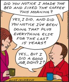 a comic strip with an image of a man and woman talking to each other while drinking coffee