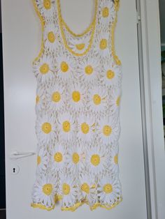 "Handmade crochet daisy flowers long top/ mini dress for summertime. Length 43\"/ 110cm, width 22\"/108 cm" Spring Crochet Trim Beach Cover-up Dress, Handmade Crochet Top For Spring Beach Cover-up, Handmade Crochet Top For Beach Cover-up In Spring, Spring Crochet Top For Beach Cover-up, Spring Crochet Lace Dress For Beach Cover-up, Spring Mini Length Crochet Top With Trim, Casual Summer Crochet Top With Floral Print, Casual Crochet Top With Floral Print For Summer, Handmade Lace Crochet Top For Summer