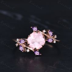 7mm Round Cut Natural Rose Quartz Engagement Ring Rose Gold Vintage Marquise Amethyst Ring Art Deco Leaf Branch Ring Dainty Moissanite Ring for Women Side stones: Amethyst and Moissanite This ring can also be made in genuine solid 10k, 14k, 18k gold or Platinum, and all the rings in my shop can be customized too! If you want to know more details about the ring, just contact with me anytime! If you want to customize the ring, just contact with me anytime! If you want to make a custom jewelry, just contact with me anytime! PROCESS TIME AND SHIPPING It usually takes about 3-4 weeks to finish the ring and 4-6 days to deliver to you if you are in US. (Free Shipping within US!) We will offer you the tracking number once your ring is shipped. WARRANTY 30 days money back guarantee! If you have any Pink Round Gemstones With Prong Setting, Pink Amethyst Ring For Wedding, Pink Amethyst Rings With Accent Stones, Pink Amethyst Ring For Wedding Fine Jewelry, Pink Amethyst Ring For Wedding, Fine Jewelry Style, Pink Amethyst Ring With Gemstone Accents As Gift, Pink Amethyst Round Jewelry, Pink Amethyst Jewelry For Wedding, Pink Amethyst Crystal Ring With Gemstone