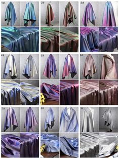 several pictures of different colors of satin material