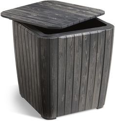 an outdoor trash can with a lid on the top and bottom, made out of wood