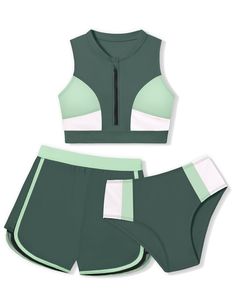 PRICES MAY VARY. 🌴[Comfy & Stretchy Fabric]: AGAPENG girls swimsuit is made of 82% polyamide,18% elasthane, the girls bathing suit fabric is quick-drying and stretchy，skin-friendly, breathable and lightweight, soft and comfortable to wear.This girls' swimwear with premium lined, not see through when get wet. 🌴[Feature Design] Colorblock, zipper front, sleeveless, removable chest pad, high waisted, 3 piece girls bikini set with shorts, modest and stylish,cute and sporty style, vibran and bright Cute Bathing Suits Modest, 2 Piece Swimsuit For Teens, Cute Modest Swimwear, Bathing Suit Patterns, Sporty Swimwear, Ocean Theme Party, Colorblock Swimsuit