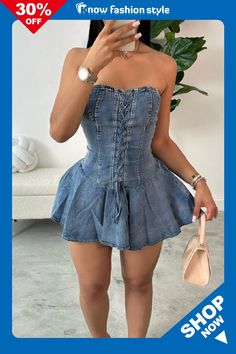 knowfashionstyle Sleeveless Backless Strapless Belted Lace Up Pleated Denim Tube Ruffle Mini Dress Birthday Looks, Pleated Denim, Mini Tube Dress, Sleeveless Suit, Mini Dresses Online, Ruffle Mini Dress, Hip Dress, Tube Dress, Wholesale Fashion