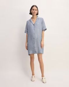 The Linen Shirt Dress White / Blue – Everlane Casual Button-up Shirt Dress With Rolled Sleeves, Spring Shirt Dress With Placket, Spring Button-up Shirt Dress With Pockets, Chic Mini Dress With Pockets For Daywear, Spring Button-up Shift Shirt Dress, Summer Cotton Shirt Dress With Buttoned Pockets, Summer Collared Shift Shirt Dress, Summer Daywear Shirt Dress With Button Cuffs, Cotton Shirt Dress With Buttoned Pockets For Summer