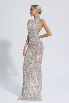 Glamorous Sleeveless Sparkling Sequin Dress, Glamorous Embellished Summer Gown, Embellished Backless Evening Dress For Prom, Sleeveless Evening Gown With Sequins, Sleeveless Sequined Evening Gown, Glamorous Sparkling Sleeveless Dress, Sparkling Backless Evening Dress For Gala, Sparkling Sleeveless Sequin Dress For Gala, Backless Evening Dress With Rhinestones