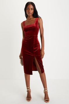 Rust Red Midi Dress - Rust Velvet Dress - Sleeveless Midi Dress - Lulus Velvet Sleeveless Blouse, Velvet Dress Midi, Women Winter Dresses, What To Wear For Thanksgiving, Sleeveless Velvet Dress, Winter Fashion For Women, Boots Fur, Bodycon Midi Skirt, Casual Formal Dresses