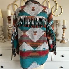 L.I.F.E. Native American Print Thick Shirt Jacket With Fringe Size Large. Fits More Like A Medium/Large In Excellent Pre Loved Condition, Washed But Never Worn. Looks Like A Wool Blend But Is A Soft Polyester Smoke Free Home Multicolor Tops With Pockets For Fall, Multicolor Bohemian Outerwear For Fall, Bohemian Multicolor Outerwear For Fall, Orange Bohemian Outerwear For Fall, Orange Bohemian Fall Outerwear, Native American Print, Life Jacket, Women Life, Blue Orange