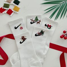 Nike Christmas Socks, Embroidered Socks Nike, Christmas Socks Embroidery, Embroidery Nike Socks, Embroided Socks, Nike Socks Embroidery, Long Nike Socks, Embroider Socks, Embroidery On Socks