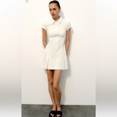 Zara Pleated Mini Shirt Dress Size Medium Nwt Mini Dress With Shirt Collar And Short Sleeves. Front False Welt Pockets. Box Pleats At Hem. Front Hidden In-Seam Zip Closure. White | 2660/777 Feminine Short Sleeve Mini Dress For Office, Summer White Collared Dress, White Casual Mini Dress For Office, White Shirt Dress For Office, Fitted Collared Shirt Dress For Date Night, White Summer Office Shirt Dress, White Summer Shirt Dress For Office, Feminine Mini Length Shirt Dress For Work, White Pleated Shirt Dress For Work