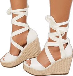 Summer Beach Lace-up Wedge Sandals, White Wedge Sandals For Summer, Adjustable Lace-up Wedge Heel Sandals For Vacation, White Wedge Sandals For Summer Beach, Beach Closed Toe Lace-up Sandals, Closed Toe Synthetic Lace-up Sandals For Beach, Beach Lace-up Closed Toe Sandals In Synthetic, White Closed Toe Espadrilles For Summer, White Round Toe Heels For Beach Season