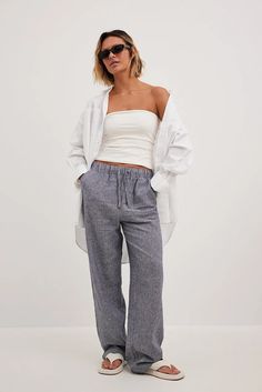 Striped Elastic Waist Linen Pants Stripe | NA-KD Striped Straight Leg Bottoms With Elastic Waistband, Striped Wide-leg Pants With Elastic Waistband, Striped Wide Leg Ankle-length Pants With Elastic Waistband, Relaxed Straight Pants With Drawstring, Striped Wide-leg Linen Pants, Striped Linen Wide-leg Pants, Striped Wide Leg Linen Pants, Casual Striped Straight Leg Bottoms, Casual Straight Leg Bottoms With Vertical Stripes