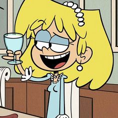 a cartoon character holding a wine glass in her hand