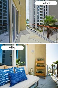 before and after photos of an apartment balcony