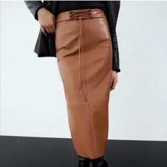 Zara Bnwt Faux Leather Skirt Sz Md Trendy Leather Pencil Skirt, Chic Long Leather Skirt, Leather Midi Pencil Skirt For Spring, Brown Midi Pencil Skirt For Fall, Chic Brown Faux Leather Skirt, Chic Brown Skirt For Night Out, Spring Faux Leather Pencil Skirt, Fall Leather Midi Pencil Skirt, Leather Midi Pencil Skirt For Fall