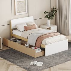 a bed with two drawers underneath it in a room next to a rug and window