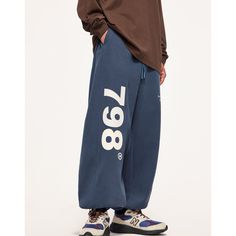 J-012-11 Blue Sweatpants With Elastic Waistband, Blue Relaxed Fit Sweatpants For Winter, Blue Fall Sweatpants With Elastic Waistband, Casual Full Length Sweatpants With Letter Print, Blue Cotton Sweatpants For Fall, Sporty Wide Leg Pants With Letter Print, Blue Cotton Bottoms For Streetwear, Oversized Bottoms With Letter Print For Spring, Hip Hop Style Relaxed Fit Wide-leg Bottoms