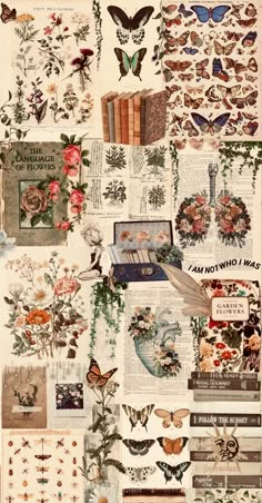 a collage of flowers, books and butterflies