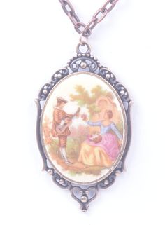 "40mm Fragonard Cameo Victorian Couple with Stringed Instrument\" Necklace, 18\" or 24\" Burnished Gold Chain, Each 40mm x 30mm pendant, Made in USA with vintage German Litho Cabochon Gift box included" Victorian Medallion Necklace For Valentine's Day, Victorian Antique Gold Necklaces For Valentine's Day, Victorian Antique Gold Necklace For Valentine's Day, Decorative Antique Gold Necklaces For Gifts, Decorative Antique Gold Necklace For Gift, Cowgirl Wedding, Victorian Couple, Couple Kissing, Glass Locket