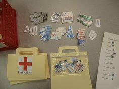 the contents of a first aid kit laid out on a table