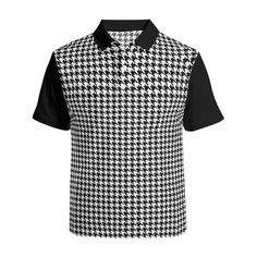 * Explore sophistication with our Houndstooth Shirt Men, boasting a timeless Black Houndstooth Polo design that resonates with retro charm. * Embrace the essence of vintage style with our Retro Polo Shirt, meticulously crafted to reflect the elegance of 60s Shirt Style, complete with contrasting solid black collar and sleeves. * Engineered from premium quality material consisting of 95% polyester and 5% spandex, our Vintage Style Polo Shirt ensures both comfort and durability, with no worries of Houndstooth Pattern Collared Shirt For Work, Collared Houndstooth Shirt For Work, Casual Houndstooth Collared Top, Casual Collared Houndstooth Top, Casual Collared Top With Houndstooth Pattern, Cotton Collared Top With Houndstooth Pattern, Retro Black Shirt For Work, Retro Black Workwear Shirt, 1940s Fashion Dresses