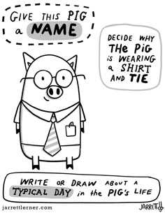 a cartoon pig wearing a tie and glasses with the caption give this pig name