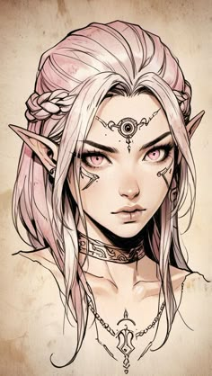 a drawing of a woman with pink hair and horns