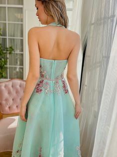 Aqua Mist Midi Dress Teuta Matoshi, Dream Wedding Venues, Bow Belt, Halter Strap, Aqua Dress, Custom Size Dresses, Net Fabric, Feminine Beauty, Lace Flowers