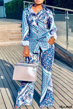 Olivia Mark - Womens Elegant Blue Floral Print Two-Piece Set featuring a Stylish Turndown Collar, Long Sleeve Shirt, and Pants. Shirt Collar Styles, Wide Leg Pant Suit, 2piece Outfits, Mode Kimono, Two Piece Outfits, Two Piece Pants Set, Turndown Collar, African Fashion Dresses, Fashion Pattern