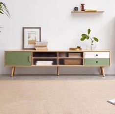 a living room with a plant on the wall and a shelf in front of it