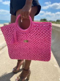 Lets Go To the Beach Woven Purse - Barbie Pink Pryceless Creations Gold Lable Signature Purse Great for a sunny day at the Park or Beach Lightweight Details: Tassel Type: Square Straw Bag Bag Size: Large Double Handle Zipper Side Pocket 100% Handmade Material: 100% Paper XOBPCC-12 All accessories are FINAL SALE Summer Style Crochet Bag For Beach Season, Chic Pink Beach Bag For Summer, Summer Crochet Bag For Outings, Pink Woven Beach Bag, Chic Pink Beach Bag For Beach Season, Pink Chic Beach Bag For Vacation, Beach Season Crochet Bag, Trendy Pink Crochet Bag For Summer, Pink Woven Beach Bag For Summer