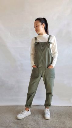 Long Sleeve Overall Outfit, Fall Shortalls With Bib Front And Pockets, Casual Relaxed Fit Shortalls For Fall, Khaki Cotton Jumpsuits And Rompers For Fall, Cotton Overalls For Fall, Fall Shortalls Overalls With Pockets, Utility Style Khaki Jumpsuits And Rompers For Fall, Relaxed Fit Overalls And Rompers, Fall Relaxed Fit Shortalls With Pockets