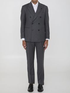 This two-piece suit is made from a luxurious blend of wool and cashmere, featuring a double-breasted jacket with peaked lapels, a brooch on the lapel, front button closure, and multiple pockets including a chest pocket and buttoned cuffs. The straight-leg trousers have convenient zip, button, and hook-and-eye closure, as well as side and rear pockets. Regular fit.   Size nationality: IT  Double breasted  Peaked lapels  Brooch  Button closure  Pockets  Straight leg pants  Side and rear pockets  P Elegant Tailored Suits With Double Button Closure, Luxury Wool Tweed Jacket For Formal Occasions, Luxury Single Breasted Workwear Set, Elegant Formal Suit With Double Button Closure, Elegant Double Breasted Suit For Business, Wool Tuxedo Blazer With Double-breasted Fastening, Wool Tuxedo Blazer With Double-breasted Button, Luxury Lapel Collar Semi-formal Pantsuit, Luxury Winter Suit With Double-breasted Button Fastening