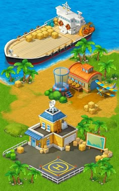 an island with a boat and other items in it, as well as some buildings