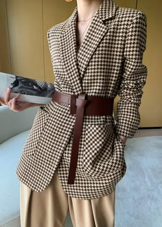 Women Grid Woolen Coat Womens Plaid Blazer, Blazer With Belt, Casual Elegant Style, Long Jackets For Women, Mode Kimono, Paris Chic, Jackets Fashion, Fits Clothes, Casual Outerwear