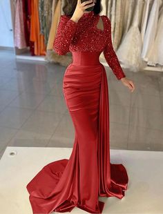 Mermaid Gown Elegant Formal Train Long Sleeve High Neck Satin with Pearls Sequin Evening Dress Sparkle Prom Dress, Gown Elegant, Mermaid Evening Gown, Dresses Formal Elegant, Long Sleeve Prom, Sequin Evening Dresses, Red Evening Dress, Prom Style, Evening Gowns Elegant