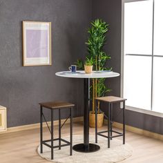 a small table with two stools in front of a potted plant on the floor