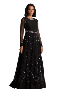 Black anarkali featuring multi-color thread and mirror embroidery all over with semi sheer sleeves and a back cut-out. - Aza Fashions Black Anarkali, Mirror Embroidery, Women Kurta, Full Sleeves, Black Mirror, Sheer Sleeves, Anarkali, Aza Fashion, Full Sleeve