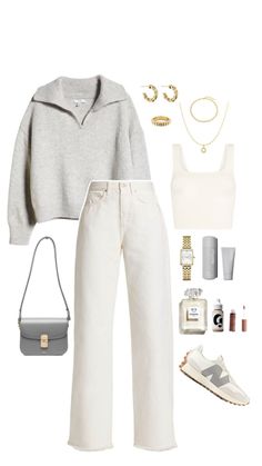 Grey Sweater White Jeans Outfit, Grey And Jeans Outfit, White Straight Leg Jeans Outfits Winter, Pullover And Jeans Outfit, White Denim Outfit Winter, Outfits With White Bag, White And Grey Outfits For Women, Jeans And Top Outfit Casual, White Wide Jeans Outfit