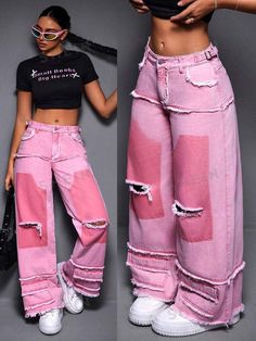 SHEIN ICON Women's Casual Wide Leg Loose Fit Jeans With Distressed Detail And Frayed Hem | SHEIN USA Baggie Jeans Outfit For Women, Cute Trousers Outfits, Pink Baggy Jeans, Fancy Pants Outfit, Aesthetic Trousers, Women Baggy Jeans, Dope Fashion Outfits, Jeans Aesthetic, Street Style Outfits Casual