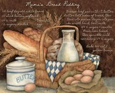 a painting of bread and eggs in a basket next to a bottle with the word provance written on it