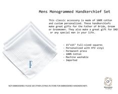 "Mens White Monogrammed handkerchief Set of 3, 6, 9 or 12 This classic accessory is made of 100% cotton and custom personalized. These handkerchiefs make great gifts for the Father of Bride, Groom or Groomsmen. They also make a great gift for DAD or any special man in your life. 15\"x15\" Full-sized squares, permanent press Cotton Machine washable Imported Checkout similar items: http://bit.ly/CFMonogramHandkerchiefs -If ordering multiple sets, please contact me to combine shipping costs. -If yo Classic Rectangular Handkerchiefs For Gifts, Classic Rectangular Handkerchiefs As Gifts, Classic Handkerchiefs For Father's Day Gift, Classic Cotton Handkerchiefs As Gift, Classic Personalized Handkerchiefs For Anniversary, Classic Personalized Handkerchiefs For Gifts, Classic Personalized Handkerchiefs As Gift, Classic Customizable Handkerchiefs For Gift, Monogrammed Handkerchief