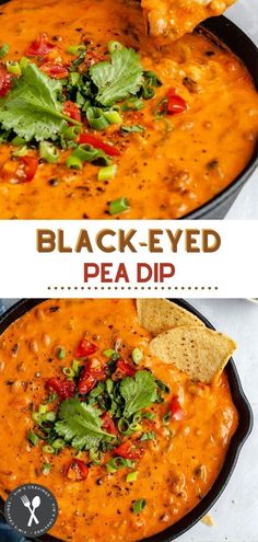 black eyed pea dip in a cast iron skillet with tortilla chips