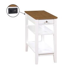 a small white table with a wooden top and shelf below it that has an electrical outlet on the side