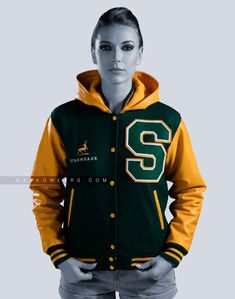 Custom Hooded Letterman Jacket | Letterman Jackets for Women Leather Varsity Jacket With Ribbed Cuffs For Winter, Winter Leather Varsity Jacket With Ribbed Cuffs, Winter Leather Jacket With Baseball Collar For College, Varsity Hooded Jacket For College In Fall, Varsity Green Hoodie For Fall, Green Varsity Hoodie For Fall, Varsity Hooded Jacket For Fall Streetwear, Fall Varsity Hooded Jacket For Streetwear, Collegiate Hooded Varsity Jacket For Winter