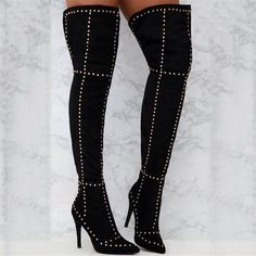 Tall Boots Pointed Toe Rivet Overknee Boots Black Suede Leather Long Boots Women High Heels Shoes black-36 Black Knee-high Heeled Boots For Fall, Black Over-the-knee Boots For Fall, Edgy Fitted Knee-high Boots With Round Toe, Black Over-the-knee Heeled Boots For Fall, Knee-high Boots For Fall Night Out, Thigh High Heeled Boots For Club In Fall, High Heel Boots For Club In Fall, Winter Club High Ankle Heeled Boots, Black Boots For Night Out In Winter