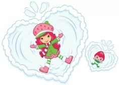 a drawing of a girl with a strawberry hat and green coat running in the snow