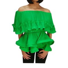 N By Nancy Top /Off The Shoulder /Ruffle Material Red And Green. / Belt Not Included New With Tag Green Ruffle Hem Top For Spring, Spring Night Out Blouse With Ruffle Hem, Green Ruffled Party Top, Spring Ruffle Hem Blouse For Night Out, Green Ruffle Hem Tops For Summer, Pleated Tops For Summer Day Out, Green Ruffled Tops For Summer, Chic Green Ruffled Blouse, Spring Pleated Tops