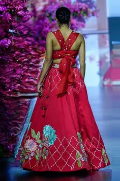 Red attached cancan lehenga with placement floral, quatrefoil embroidery. Paired with a cutwork, padded blouse with floral vine embroidery. - Aza Fashions Red Sleeveless Lehenga For Weddings, Sleeveless Red Lehenga For Wedding, Red Lehenga For Wedding, Red Floral Embroidered Sharara For Party, Red Floor-length Lehenga With Floral Embroidery, Red Floral Embroidered Floor-length Lehenga, Red Floral Embroidered Choli For Wedding, Red Floral Embroidery Choli For Wedding, Red Wedding Choli With Floral Embroidery